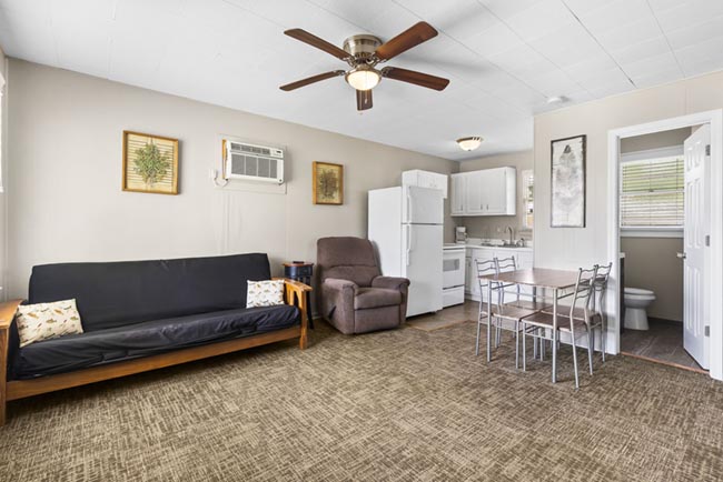 Cozy cabin living and dining area with futon, recliner, kitchen, and bathroom door